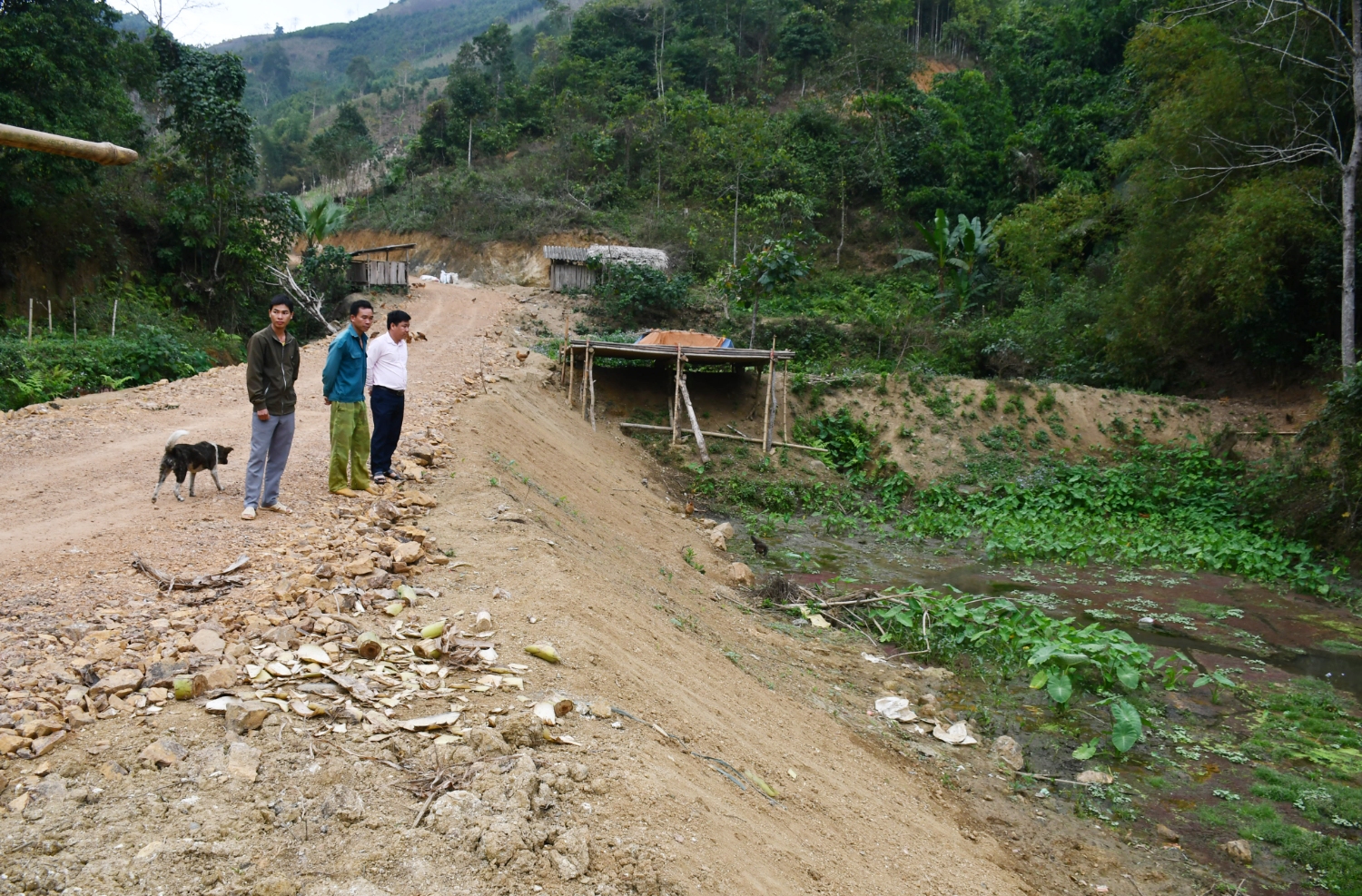 Gia đình anh Hoàng Văn Su, thôn Bản 3 tự nguyện hiến một phần diện tích ao nuôi cá để tuyến đường được mở rộng